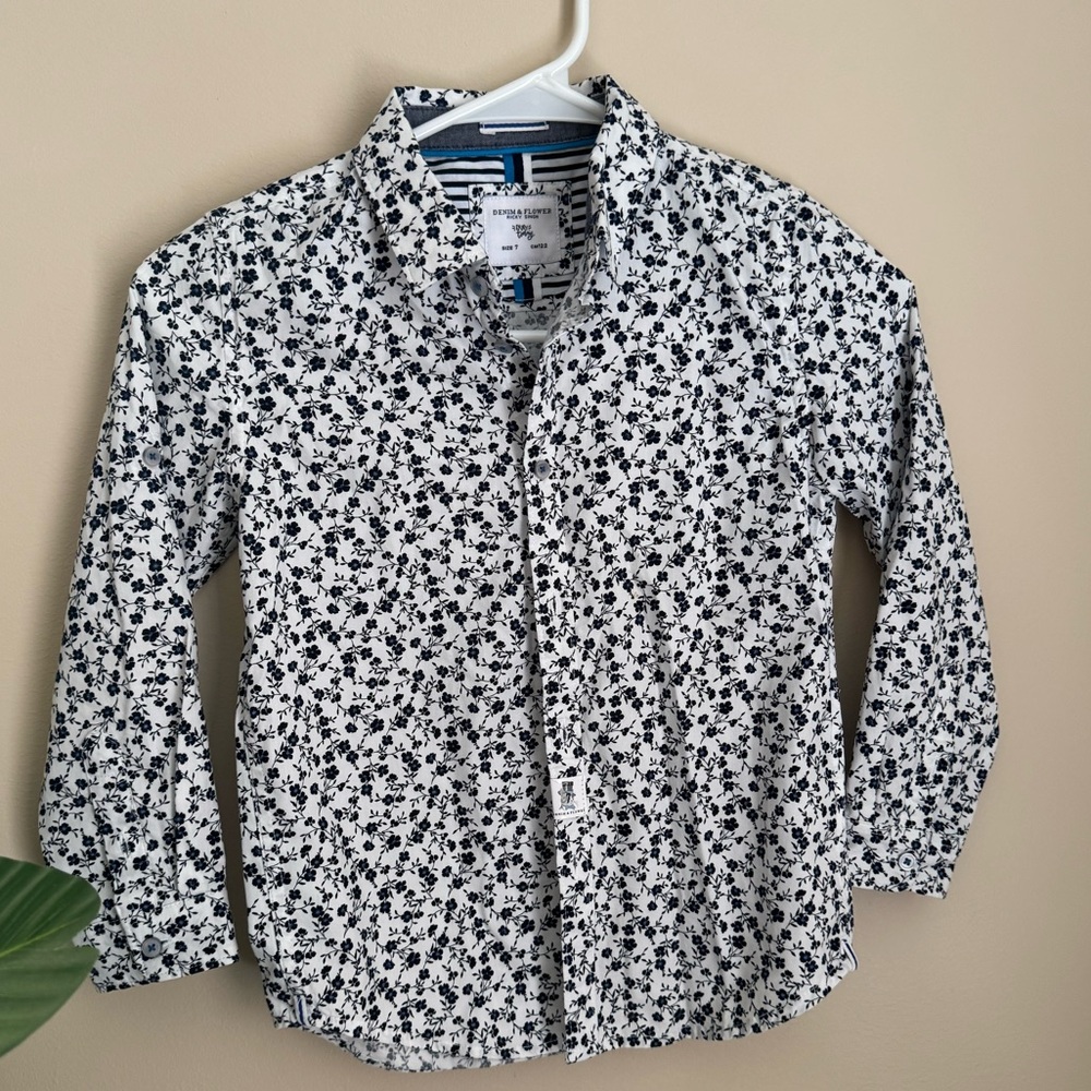 boys Denim & Flower button up shirt. Floral print